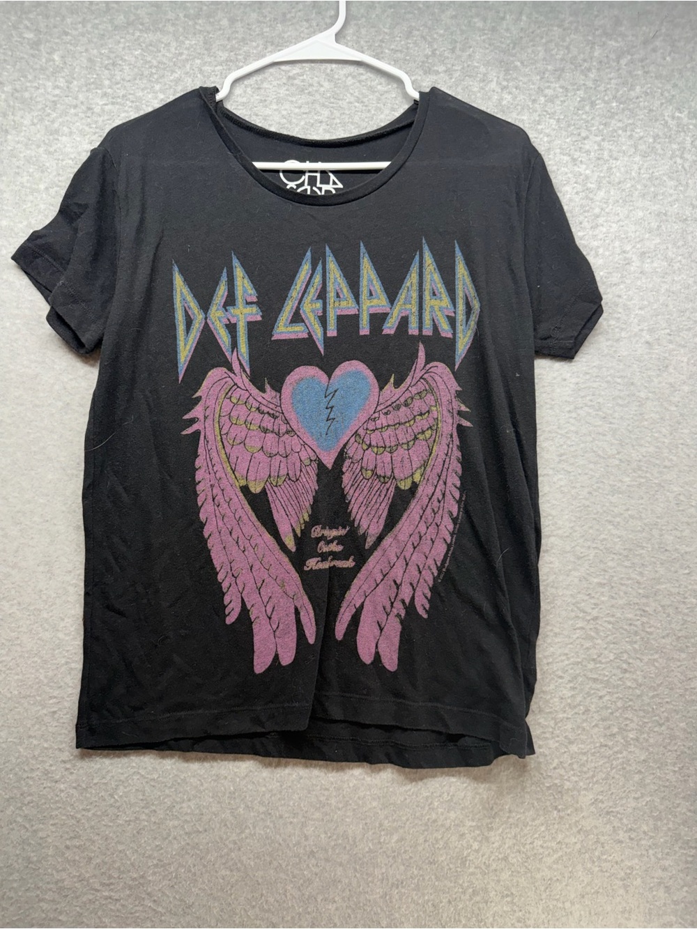 SO Black Def Leppard Graphic Tee with Pink Wings and Blue Heart Logo
